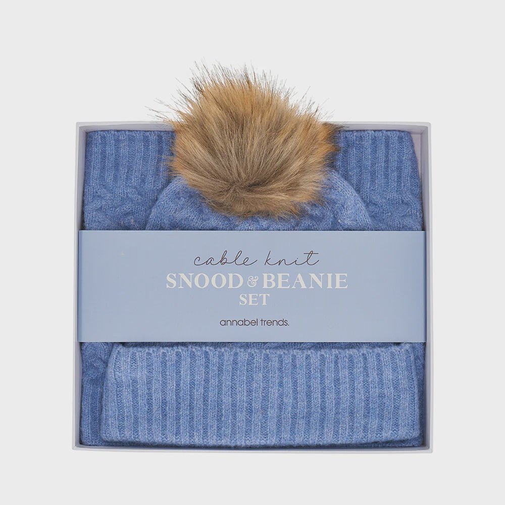 Buy Snood and Beanie Set- Cable Knit - Blue Marle by Annabel Trends - at White Doors & Co