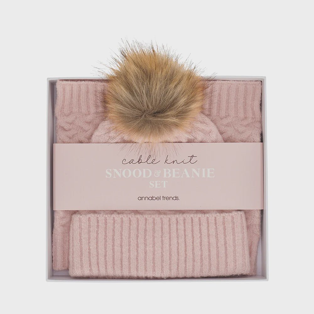 Buy Snood and Beanie Set- Cable Knit— Pink by Annabel Trends - at White Doors & Co