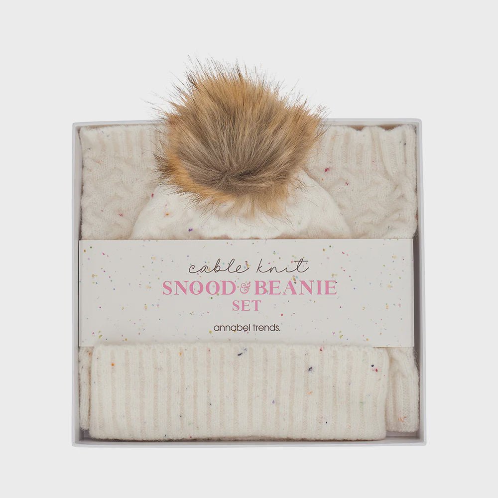 Buy Snood and Beanie Set- Cable Knit— Speckle Cream by Annabel Trends - at White Doors & Co