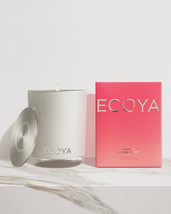 Buy Holiday: Guava & Lychee Sorbet Deluxe Madison Candle by Ecoya - at White Doors & Co