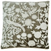 Buy Peacocks & Flowers Cushion - Grey / White by Ruby Star Traders - at White Doors & Co