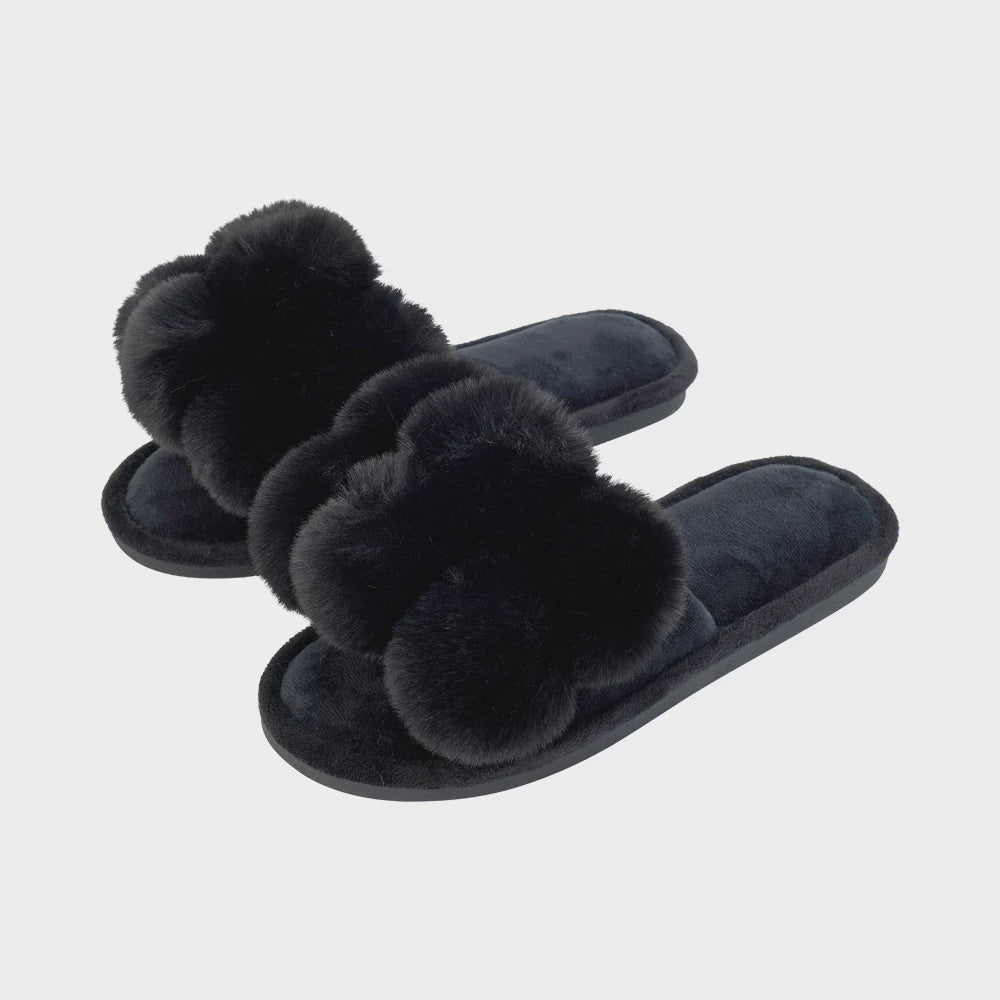 Buy Pom Pom Slippers - Cosy Luxe - Black by Annabel Trends - at White Doors & Co
