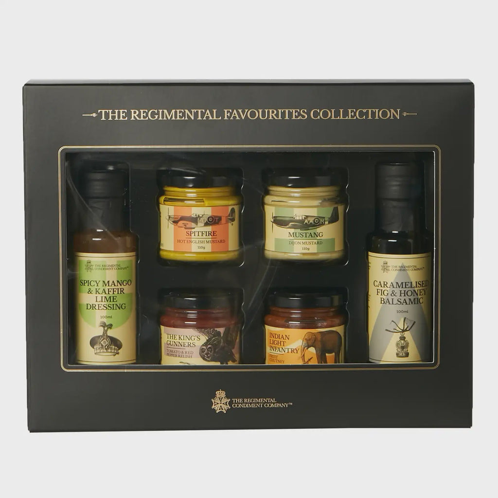 Buy The Regimental Favourites Collection - 4 Jar 2 Bottle - (2) Mustard (2) Chutney (1) Balsamic (1) Dressing by The Regimental Condiment Company Range - at White Doors & Co