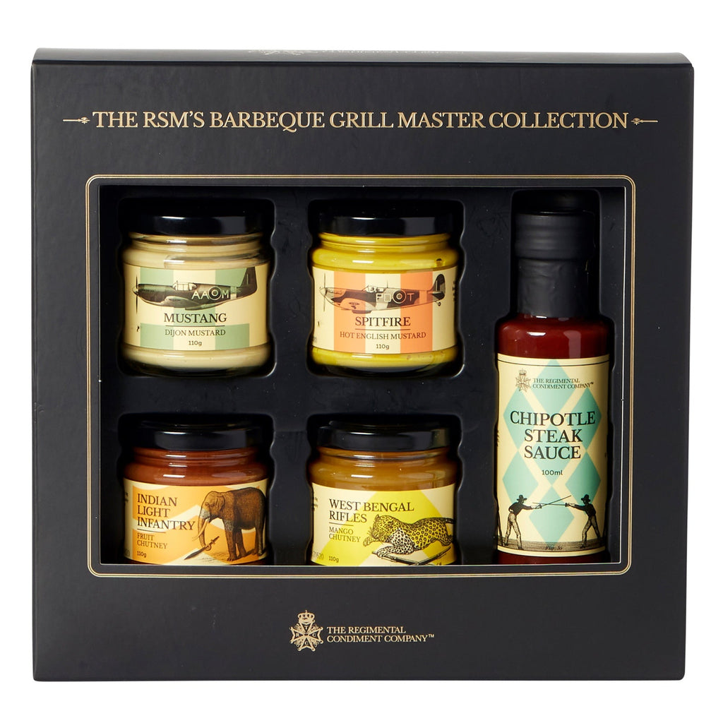 Buy The RSM's Barbeque Grill Master Collection - 4 Jar 1 Bottle - (2) Mustard (2) Chutney (1) Steak Sauce by The Regimental Condiment Company Range - at White Doors & Co