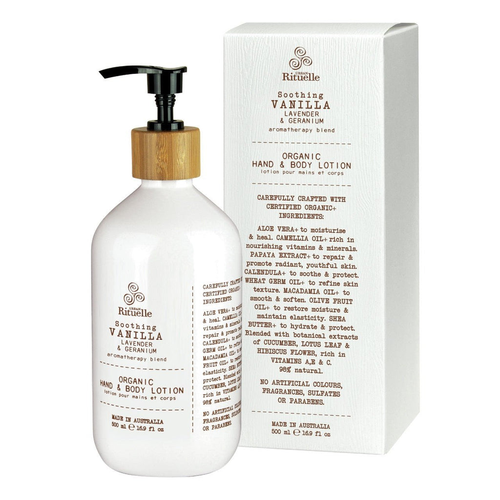 Buy Vanilla, Lavender & Geranium Organic Hand & Body Lotion by Urban Rituelle - at White Doors & Co
